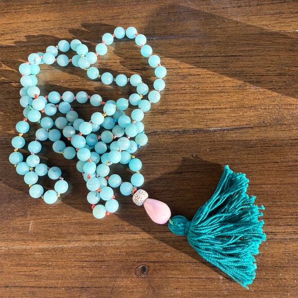 52 Inch Aventurine Mala Necklace With Rose Quartz Tagua Nut - Picture 9 of 10